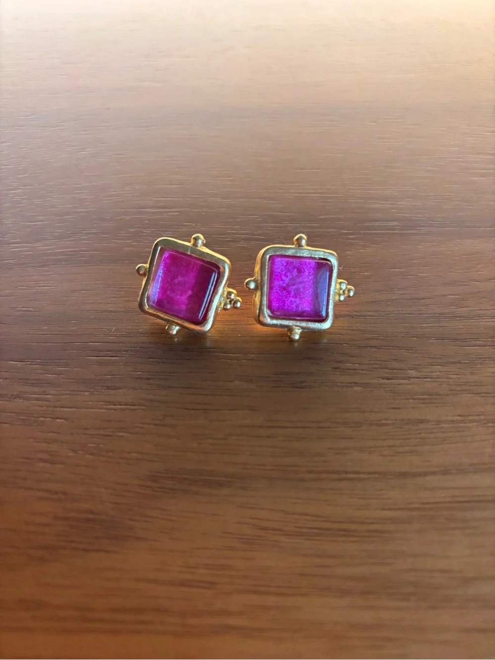 Susan Shaw Gold Square Pink Glass Stud Earrings